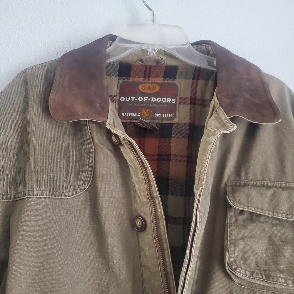 Vtg GAP Jacket Men L Brown Out-Of-Doors Plaid Lined Canvas Leather Collar Barn‎ - Picture 2 of 7
